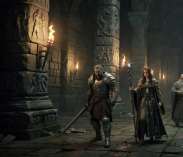 Drużyna bohaterów przemierzająca mroczny dungeon w Guild Wars Reforged