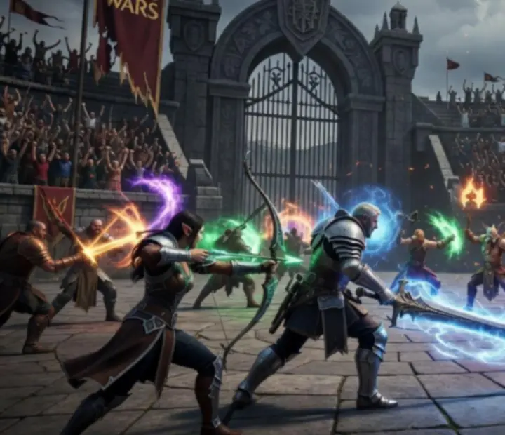 Wojownicy i magowie walczący na arenie PvP w Guild Wars Reforged