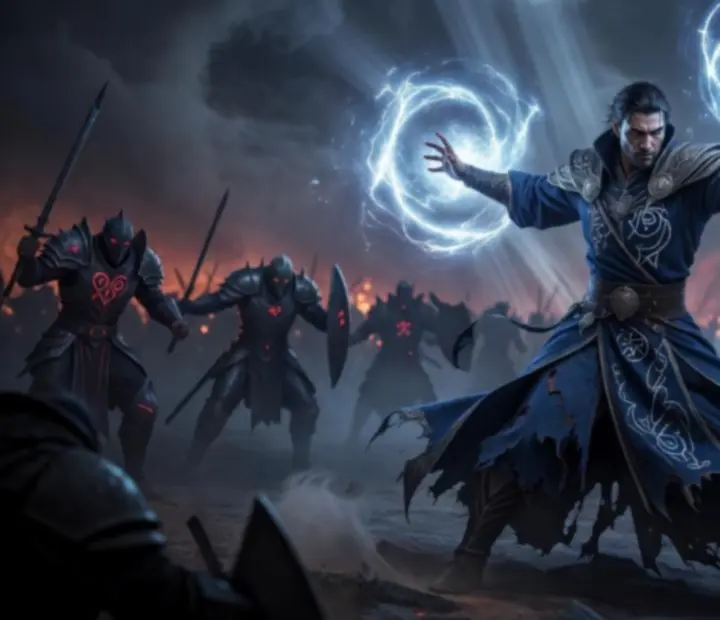 Magiczny bohater Guild Wars Reforged rzucający potężne zaklęcie na polu bitwy