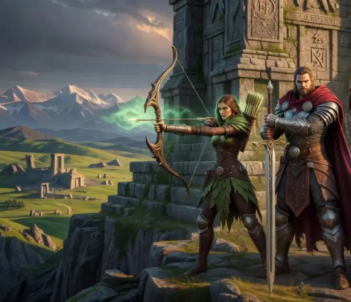 Legendarny oddział bohaterów Guild Wars Reforged stojący na tle starożytnych ruin w Tyria
