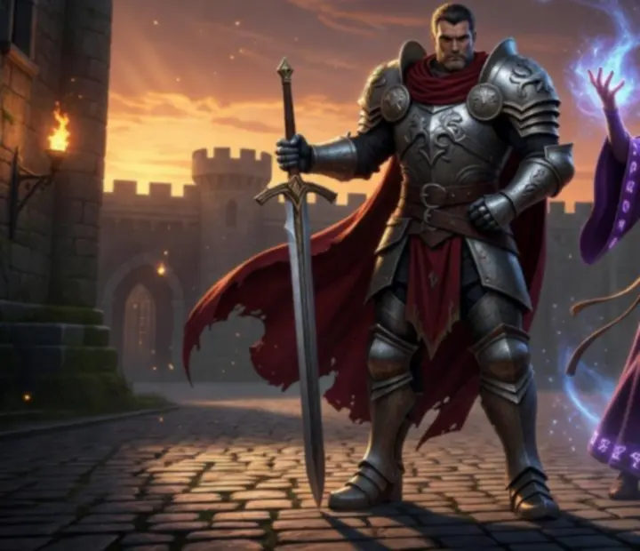 Wojownik i mag stojący przed zamkową bramą, symbolizujący różne profesje w Guild Wars Reforged