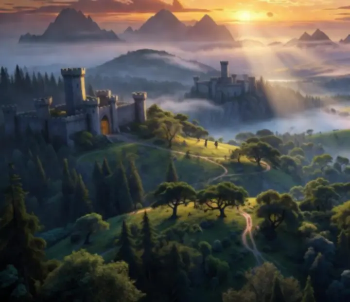 Kinowa panorama Tyrii z zamkami, magią i wojownikami w Guild Wars Reforged