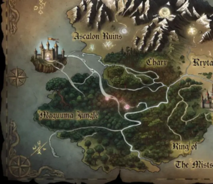 Stylizowana mapa Tyrii z zaznaczonymi regionami i kampaniami w Guild Wars Reforged